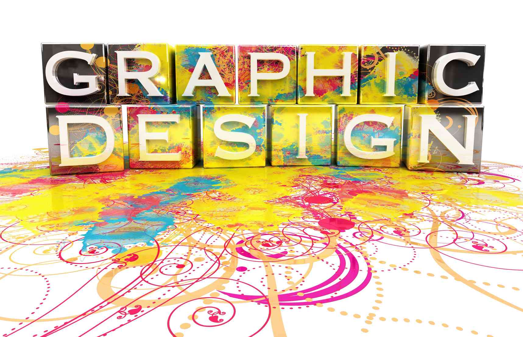 Lettres cubiques formant « graphic design » sur éclaboussures colorées